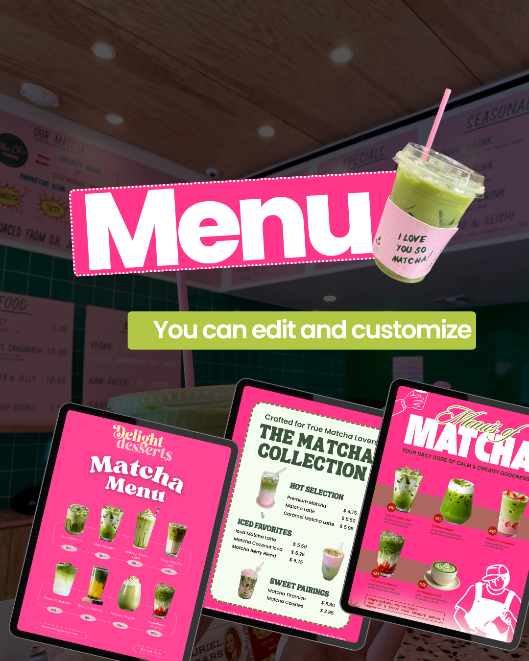 Editable matcha café menu templates preview